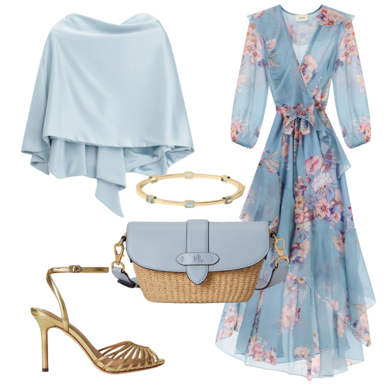 Outfit donna - Matrimonio in giardino. Stile Romantica per Cerimonia. Abbinamento con scialli, vestiti lunghi, borse a spalla, sandali in pelle, braccialetti.