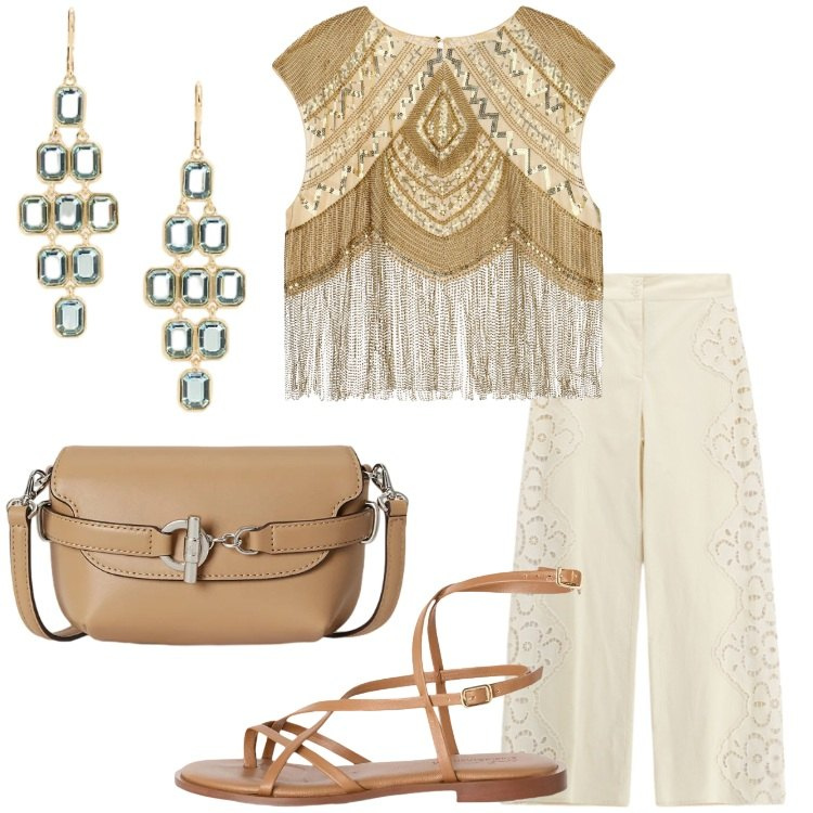 Outfit donna - Summer Bags - mini tracolla. Stile Boho per Serata fuori. Abbinamento con sandali in pelle, top, pantaloni a palazzo, orecchini, borse a tracolla.