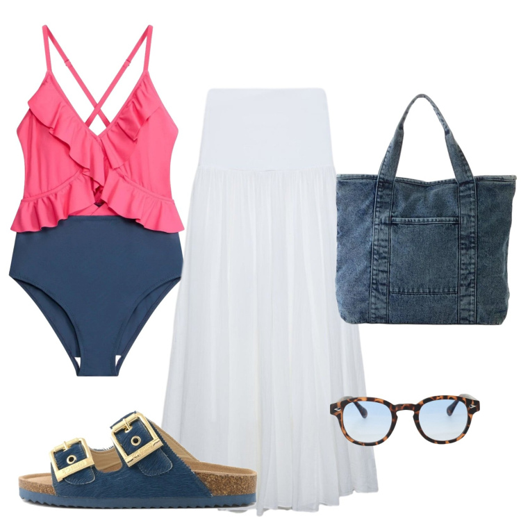 Outfit donna - Nessun dubbio... comodità e leggerezza. Stile Casual per Mare. Abbinamento con costumi interi, shopping bag, gonne lunghe, occhiali da sole, sandali in pelle.