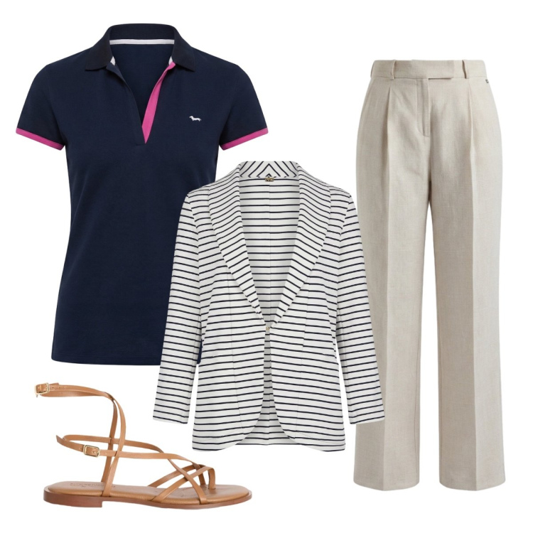 Outfit donna - Oggi mi vesto cosi. Stile Casual chic per Ufficio. Abbinamento con sandali in pelle, pantaloni, polo, blazer.