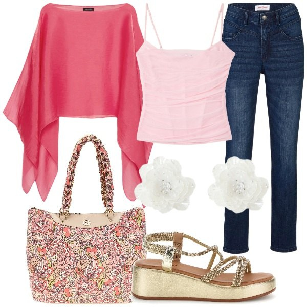 Outfit donna - Pink Summer Energy. Stile Casual chic per Tutti i giorni. Abbinamento con jeans skinny, canottiere, orecchini, blazer, borse a spalla, sandali.