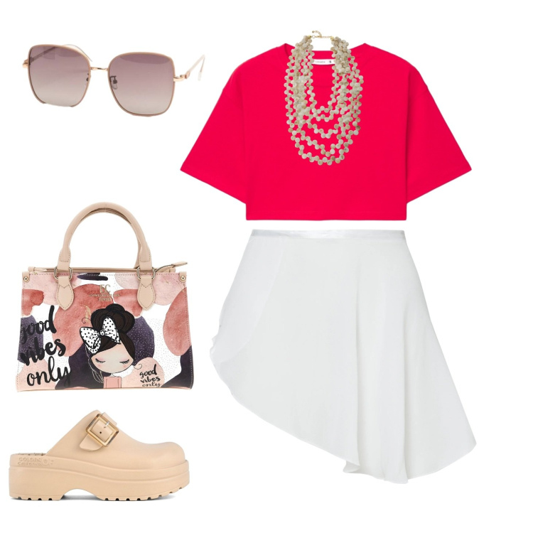 Outfit donna - Total look #2430920. Stile Trendy per Tutti i giorni. Abbinamento con t-shirt, collane, minigonne, occhiali da sole, sandali, borse a mano.