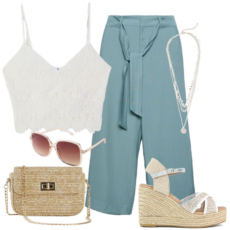 Outfit donna - Caldo non ti temo.... Stile Urban per Tutti i giorni. Abbinamento con collane, borse a tracolla, occhiali da sole, pantaloni a palazzo, top, zeppe.