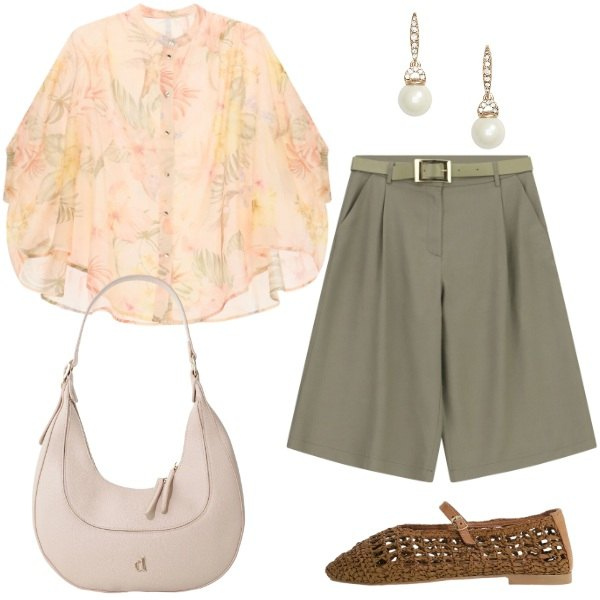 Outfit donna - blusa floreale. Stile Sporty chic per Tutti i giorni. Abbinamento con orecchini, borse a tracolla, ballerine, bermuda, bluse.