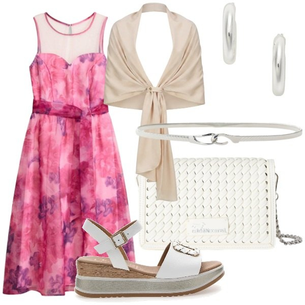 Outfit donna - Estate in rosa. Stile Glamour per Serata fuori. Abbinamento con vestiti midi/longuette, borse a tracolla, stole, cinture, orecchini, sandali.