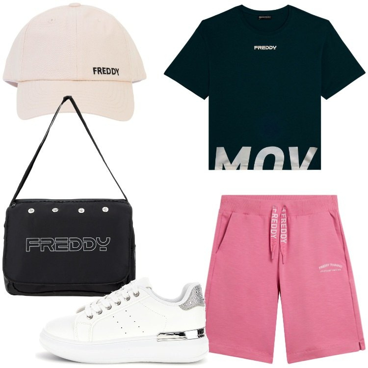 Outfit donna - Sporty summer mood. Stile Casual per Tutti i giorni. Abbinamento con borse messenger, cappelli con visiera, pantaloni corti, t-shirt, sneakers.