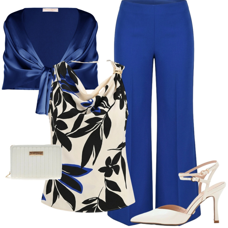 Outfit donna - Rinascimento made in Italy. Stile Chic per Cerimonia. Abbinamento con canottiere, décolleté, stole, pantaloni a palazzo, portafogli.