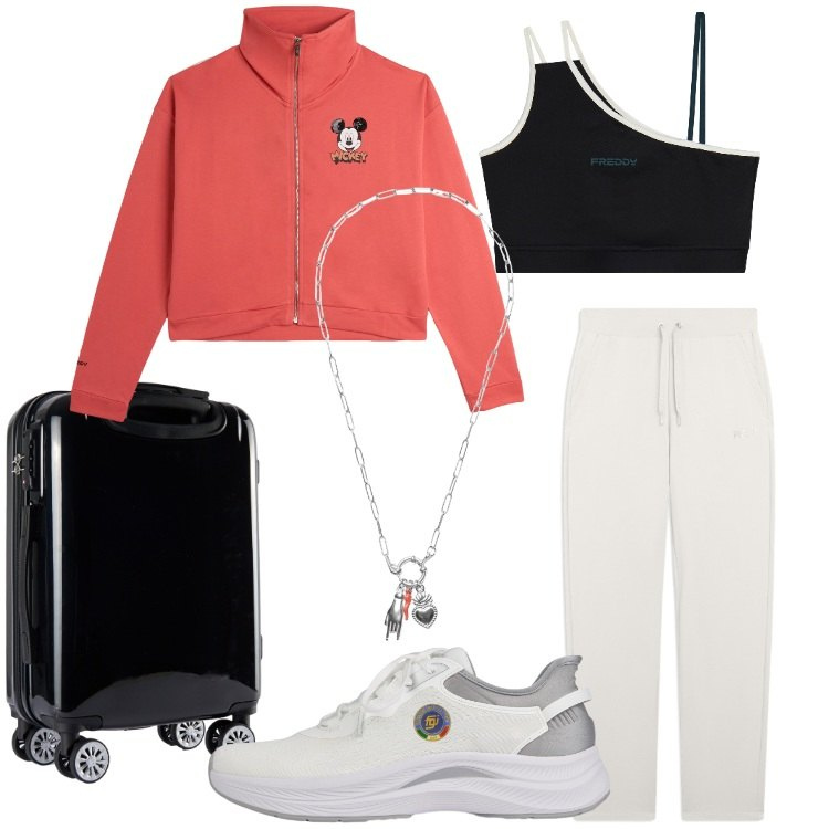 Outfit donna - Sporty summer mood comoda in viaggio. Stile Casual per Tutti i giorni. Abbinamento con ciondoli, felpe, pantaloni, valigie, top sportivi, scarpe sportive.