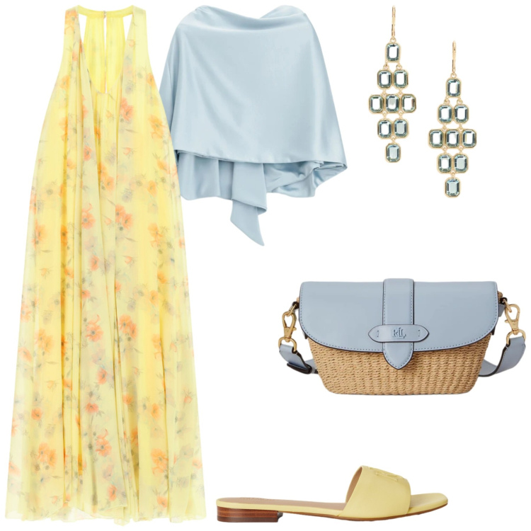 Outfit donna - Vento d\'Estate. Stile Boho per Tutti i giorni. Abbinamento con ciabatte, orecchini, borse a spalla, vestiti lunghi, scialli.