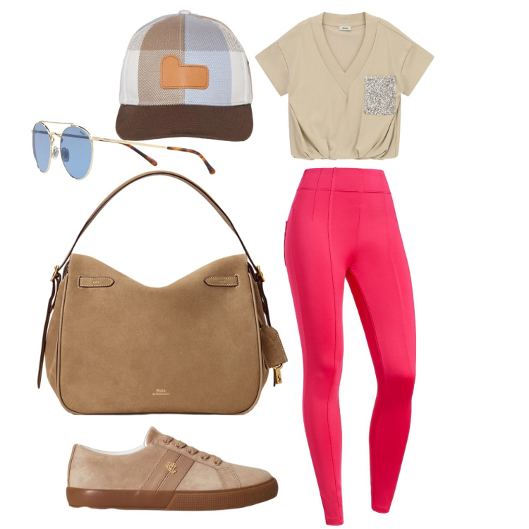 Outfit donna - Total look #2430934. Stile Casual chic per Tutti i giorni. Abbinamento con t-shirt, leggings, borse a mano, occhiali da sole, sneakers, cappelli con visiera.