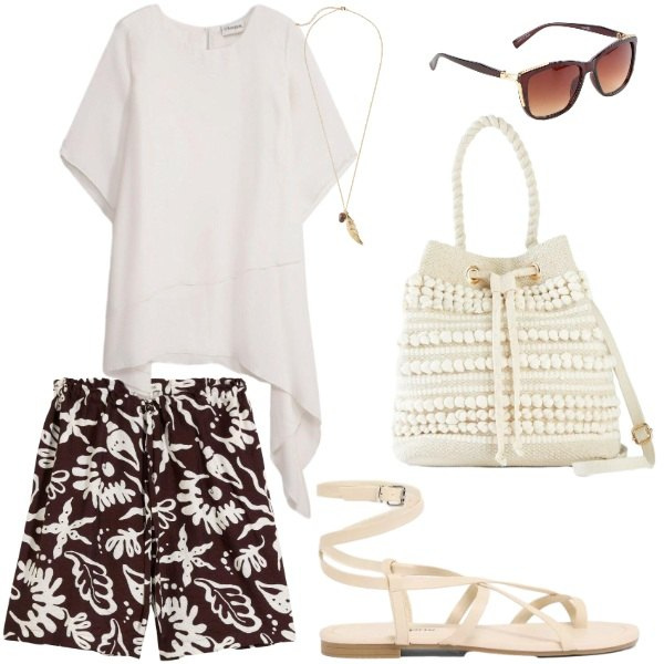 Outfit donna - comoda e stilosa. Stile Sporty chic per Tutti i giorni. Abbinamento con bermuda, bluse, borse a secchiello, sandali, collane, occhiali da sole.