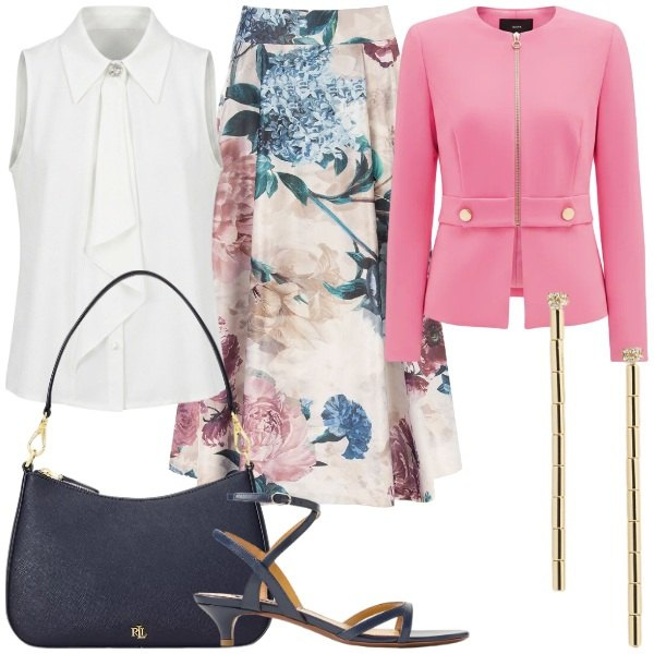 Outfit donna - Estate 2026. Stile Glamour per Serata fuori. Abbinamento con blazer, top, gonne longuette, borse a spalla, sandali col tacco, orecchini.