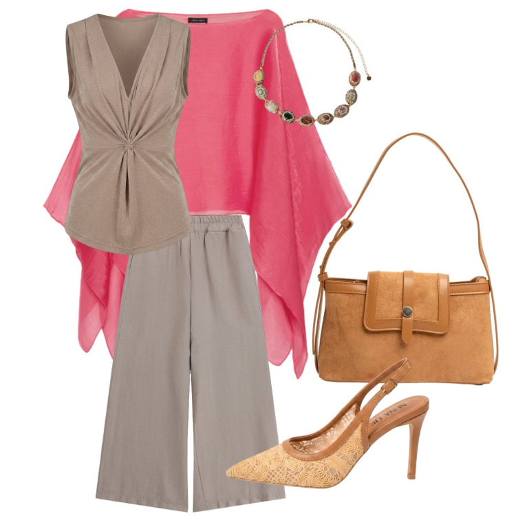 Outfit donna - Coprispalle watermelon pink. Stile Chic per Cerimonia. Abbinamento con pantaloni, blazer, collane, top, décolleté, borse a tracolla.