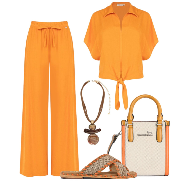Outfit donna - Fresco lino in città - @laurafo. Stile Trendy per Tutti i giorni. Abbinamento con borse tote, ciondoli, pantaloni a palazzo, camicie a manica corta, ciabatte.