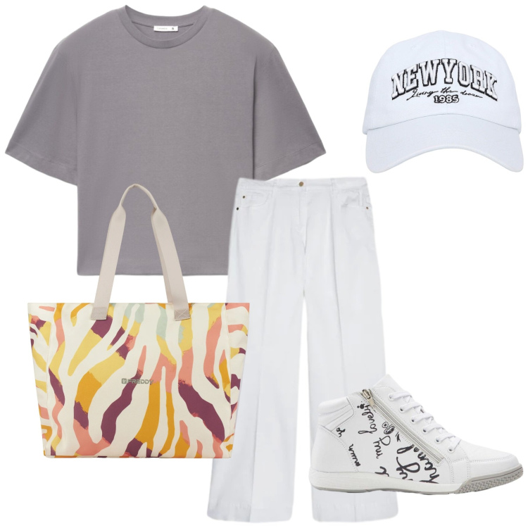 Outfit donna - Total look #2430948. Stile Sporty chic per Sport. Abbinamento con sneakers, t-shirt, cappelli, pantaloni, shopping bag.