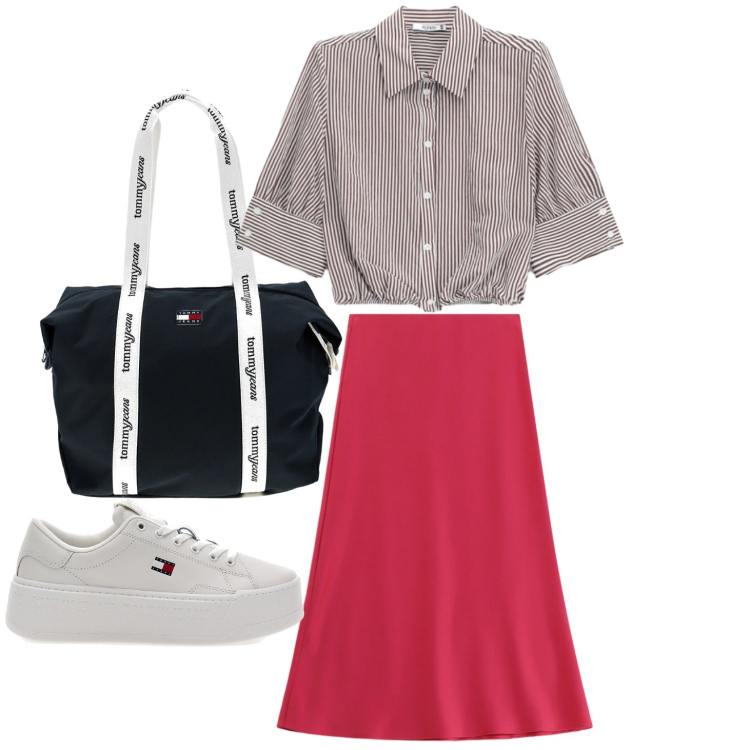 Outfit donna - Total look #2430949. Stile Preppy per Tutti i giorni. Abbinamento con gonne longuette, camicie, sneakers, shopping bag.