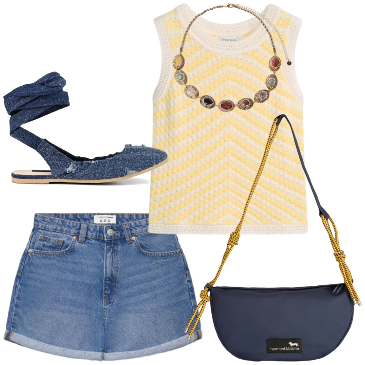Outfit donna - Total look #2430950. Stile Minimal per Tutti i giorni. Abbinamento con canottiere, borse a tracolla, shorts, collane, ballerine.