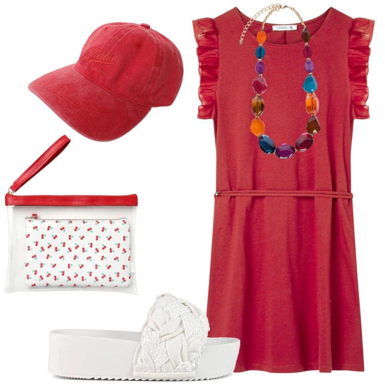 Outfit donna - Total look #2430951. Stile Minimal per Mare. Abbinamento con vestiti corti, pochette, cappelli, collane, ciabatte.