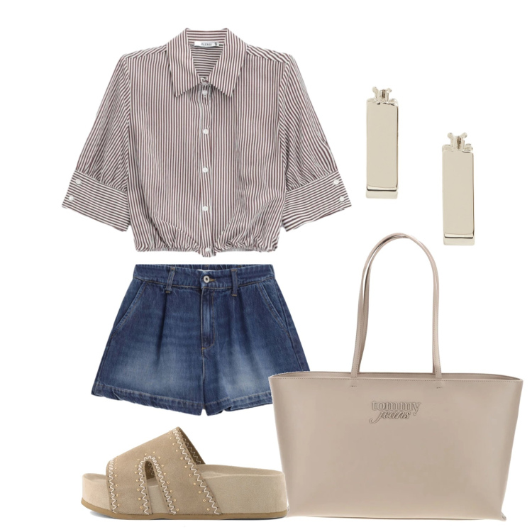 Outfit donna - Luglio. Stile Casual chic per Tutti i giorni. Abbinamento con shorts, camicie, orecchini, borse a spalla, zeppe.