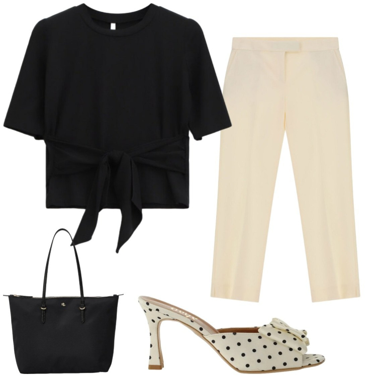 Outfit donna - Ti aspetto in ufficio. Stile Chic per Ufficio. Abbinamento con pantaloni, t-shirt, sandali col tacco, borse tote.