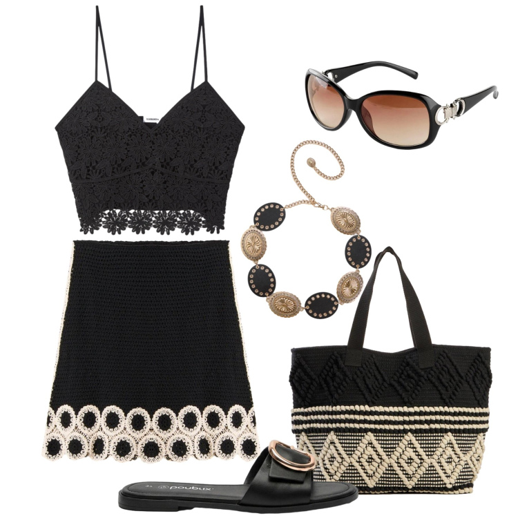 Outfit donna - Gita al mare. Stile Glamour per Tutti i giorni. Abbinamento con shopping bag, gonne, ciabatte, occhiali da sole, cinture, top.