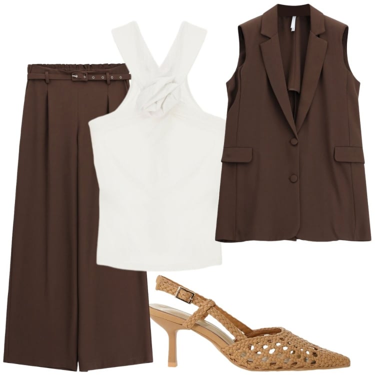 Outfit donna - Completi versatili. Stile Chic per Ufficio. Abbinamento con gilet, décolleté, pantaloni a palazzo, canottiere.