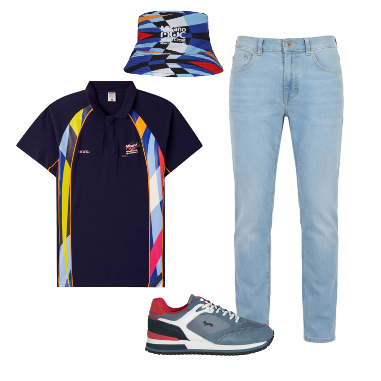 Outfit uomo - Sporty Color Splash. Stile Business/Elegante per Sport. Abbinamento con jeans, sneakers, polo, cappelli.