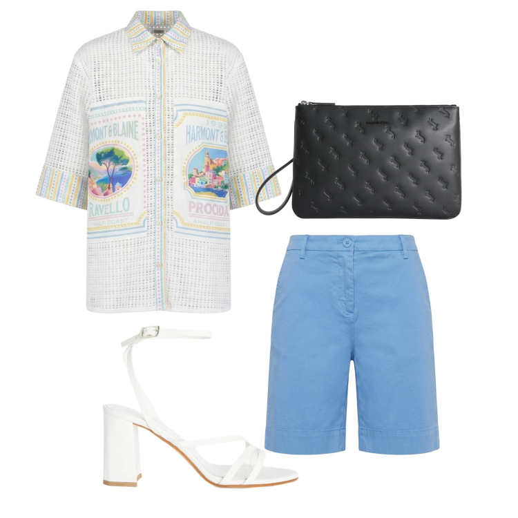 Outfit donna - Luglio. Stile Casual chic per Tutti i giorni. Abbinamento con sandali in pelle, anelli, bermuda, camicie a manica corta.