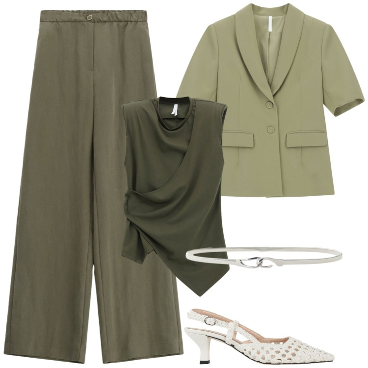 Outfit donna - Con e senza giacca. Stile Chic per Ufficio. Abbinamento con décolleté, cinture, top, pantaloni a palazzo, blazer.