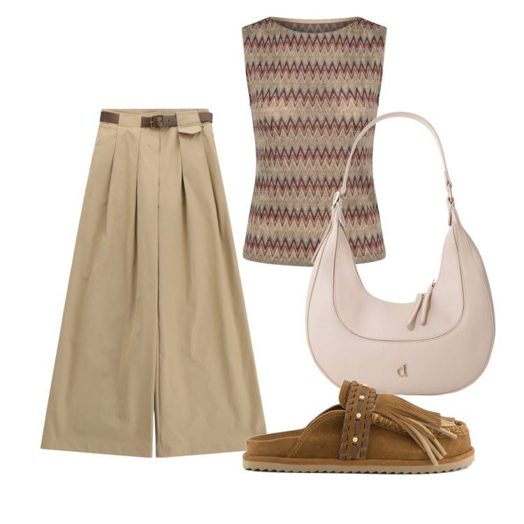 Outfit donna - Luglio. Stile Basic per Tutti i giorni. Abbinamento con borse a tracolla, pantaloni a palazzo, canottiere, sabot.