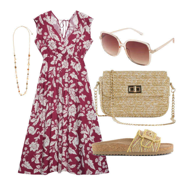Outfit donna - Luglio. Stile Trendy per Tutti i giorni. Abbinamento con borse a tracolla, occhiali da sole, vestiti midi/longuette, collane, sandali.