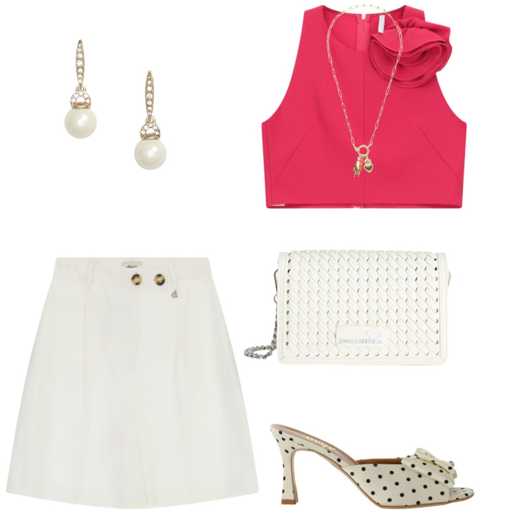 Outfit donna - Total look #2430984. Stile Casual chic per Tutti i giorni. Abbinamento con borse a tracolla, top, bermuda, sandali col tacco, ciondoli, orecchini.
