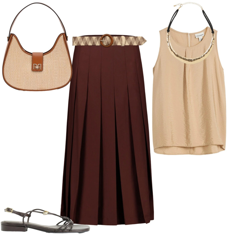 Outfit donna - Occasioni uniche. Stile Minimal per Ufficio. Abbinamento con sandali, top, collane, cinture, borse a spalla, gonne longuette.