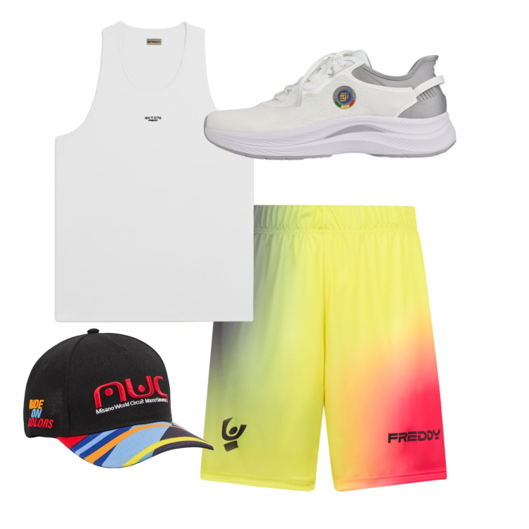 Outfit uomo - Neon Energy. Stile Urban per Sport. Abbinamento con cappelli con visiera, canottiere, scarpe sportive, pantaloni corti.