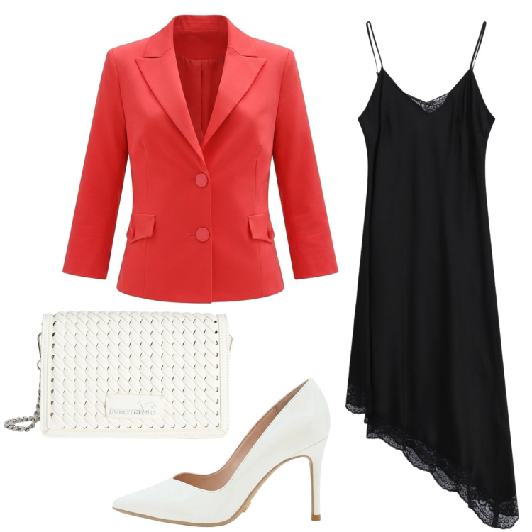 Outfit donna - Blazer senza tempo. Stile Glamour per Serata fuori. Abbinamento con borse a tracolla, vestiti asimmetrici, blazer, décolleté.
