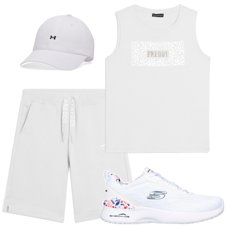 Outfit donna - Partita a tennis?. Stile Sporty chic per Sport. Abbinamento con pantaloni corti, top, sneakers, cappelli con visiera.