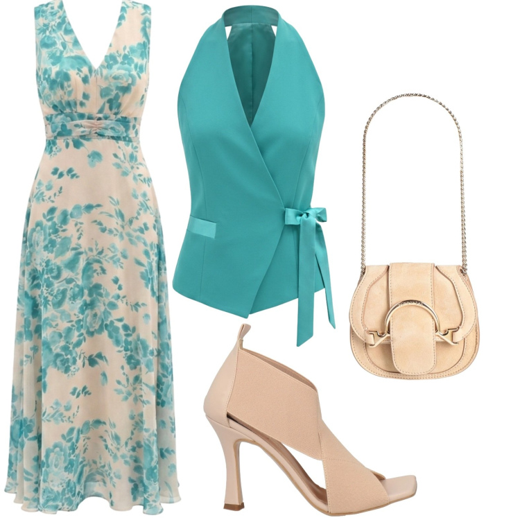 Outfit donna - Cerimonia elegante. Stile Basic per Cerimonia. Abbinamento con sandali in pelle, marsupi, vestiti lunghi, gilet.