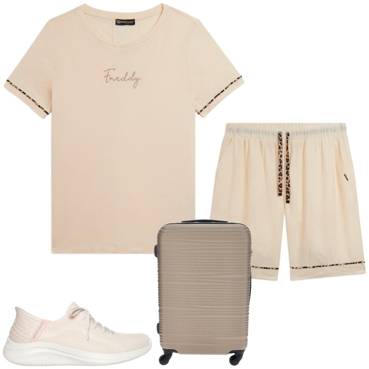Outfit donna - Per i viaggi scelgo Freddy. Stile Sporty chic per Tutti i giorni. Abbinamento con t-shirt, pantaloni corti, sneakers, valigie.