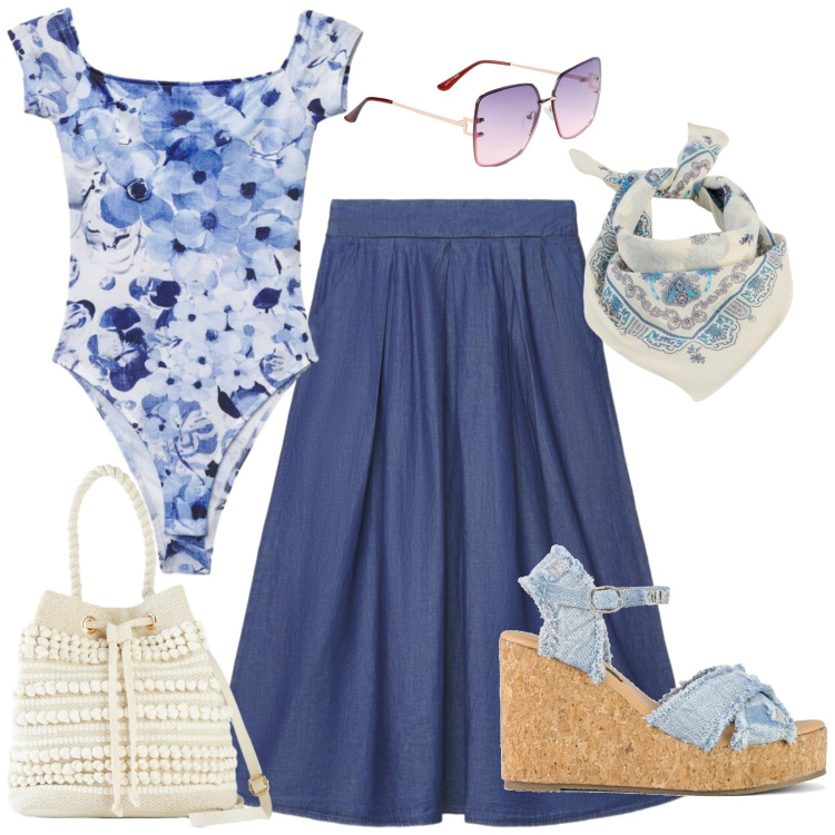 Outfit donna - Flower e jeans. Stile Trendy per Tutti i giorni. Abbinamento con occhiali da sole, borse a secchiello, foulard, gonne lunghe, top, zeppe.