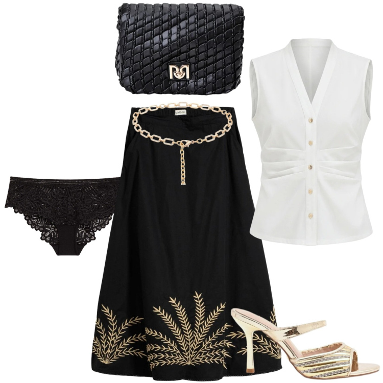 Outfit donna - Serate estive. Stile Chic per Serata fuori. Abbinamento con culotte, gonne lunghe, camicie a manica corta, sabot, cinture, borse a tracolla.
