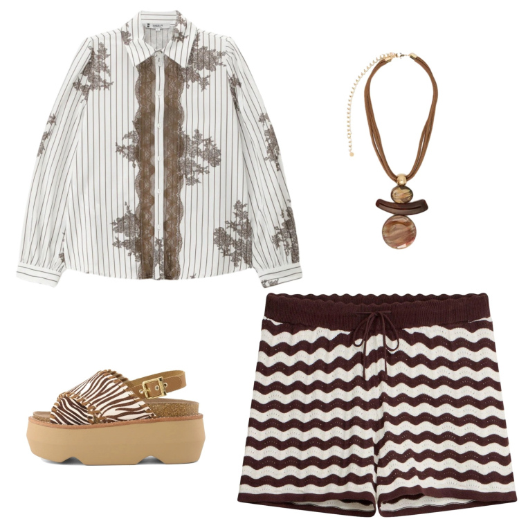 Outfit donna - Total look #2431018. Stile Casual chic per Mare. Abbinamento con shorts, camicie, ciondoli, zeppe.