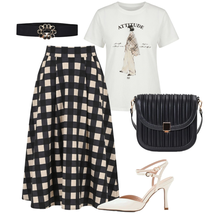 Outfit donna - Aperitivo a stampe. Stile Casual chic per Serata fuori. Abbinamento con borse a tracolla, décolleté, gonne longuette, t-shirt, cinture.
