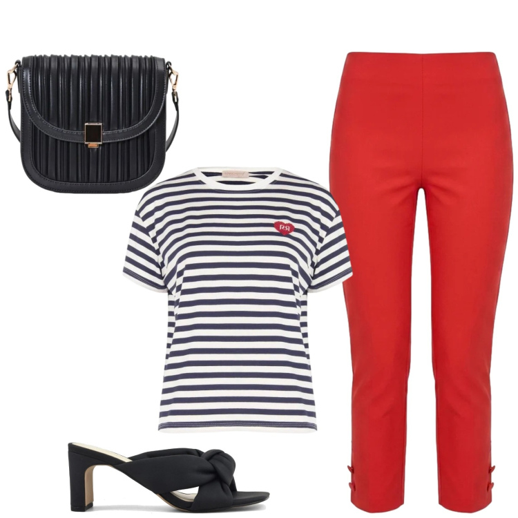 Outfit donna - Total look #2431023. Stile Casual per Tutti i giorni. Abbinamento con pantaloni, t-shirt, borse a tracolla, sandali col tacco.