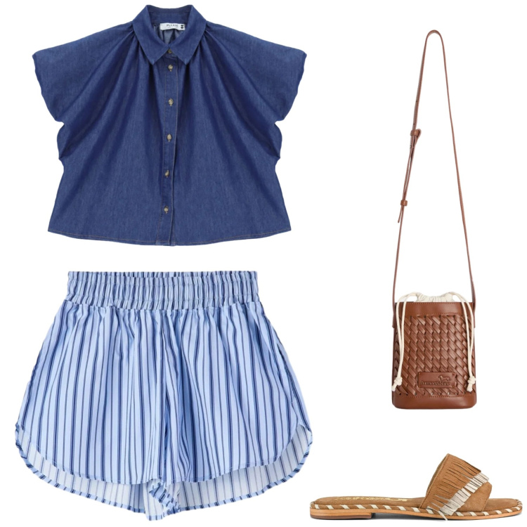 Outfit donna - Luglio sbarazzino. Stile Casual per Tutti i giorni. Abbinamento con shorts, borse a secchiello, camicie a manica corta, ciabatte.