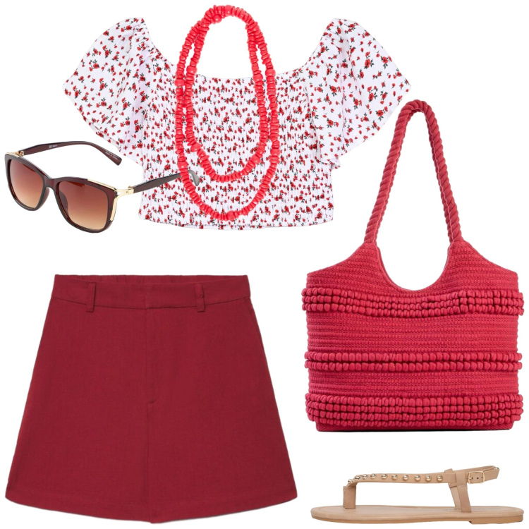 Outfit donna - Luglio. Stile Casual chic per Tutti i giorni. Abbinamento con occhiali da sole, shopping bag, bermuda, bluse, ciabatte, collane.