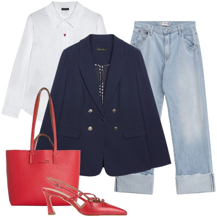 Outfit donna - Total look #2431035. Stile Trendy per Tutti i giorni. Abbinamento con décolleté, shopping bag, blazer, camicie, jeans dritti.
