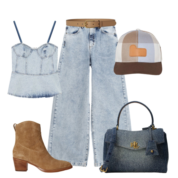 Outfit donna - Mini bauletto in denim. Stile Urban per Tutti i giorni. Abbinamento con top, jeans, stivaletti, cinture, borse a mano, cappelli con visiera.