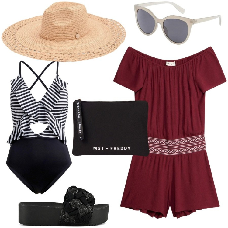 Outfit donna - Total look #2431040. Stile Casual per Mare. Abbinamento con tute, costumi interi, occhiali da sole, cappelli, pochette, ciabatte.