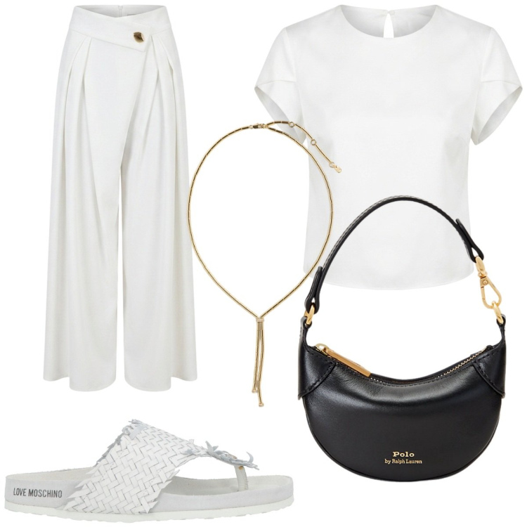Outfit donna - Bianco Rinascimento. Stile Chic per Cerimonia. Abbinamento con ciabatte, pantaloni a palazzo, t-shirt, portafogli, collane.