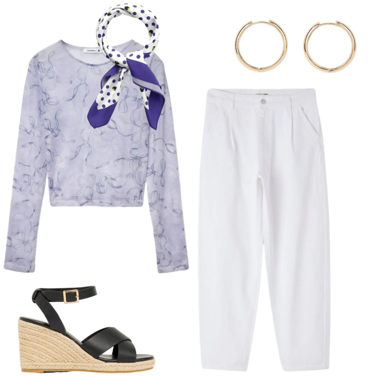 Outfit donna - Total look #2431043. Stile Casual per Tutti i giorni. Abbinamento con orecchini, zeppe, foulard, t-shirt, pantaloni.